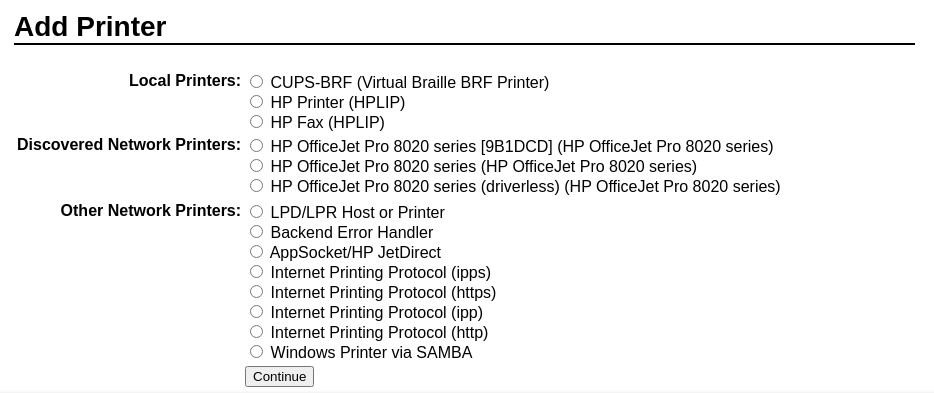 A list of found printers in the CUPS web interface