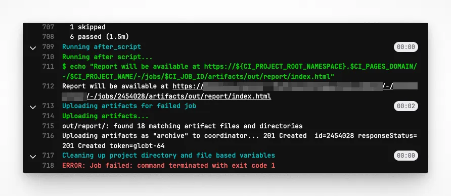 GitLab job output of failed pipeline with link to Playwright report